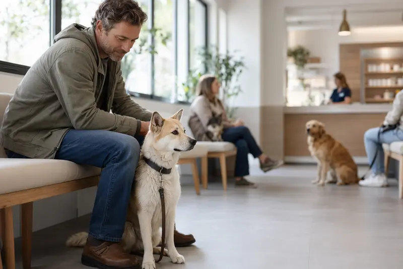 Ein Kishu-Ken sitzt ruhig neben seinem Besitzer im hellen Wartezimmer einer modernen Tierarztpraxis.
